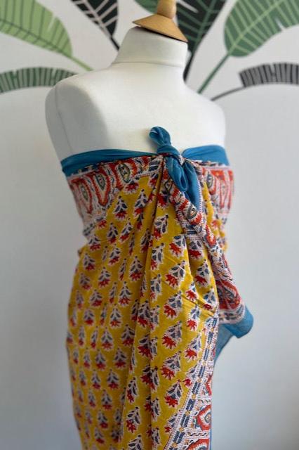 Pareo, yellow, red and white block print cotton sarong