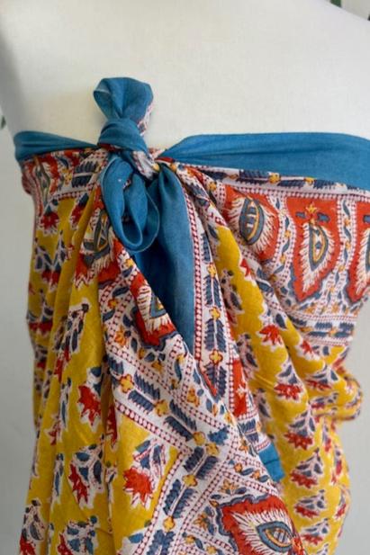 Pareo, yellow, red and white block print cotton sarong