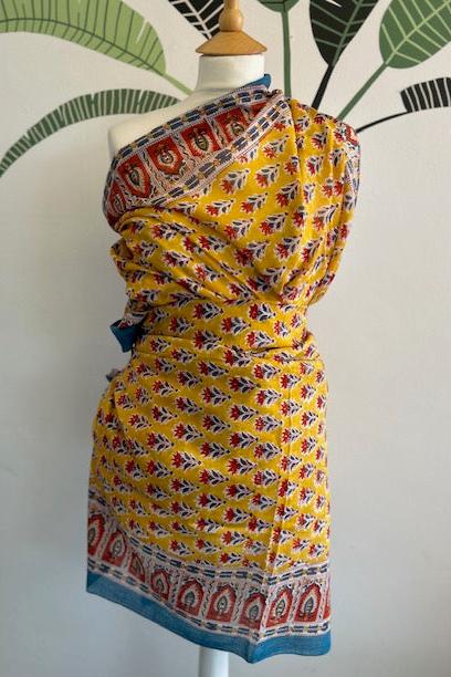 Pareo, yellow, red and white block print cotton sarong