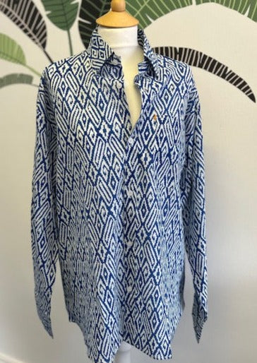 Men's summer shirt, men's printed cotton shirt, blue and white mens summer shirt, blue and white beach shirt, mens holiday shirt in blue and white cotton