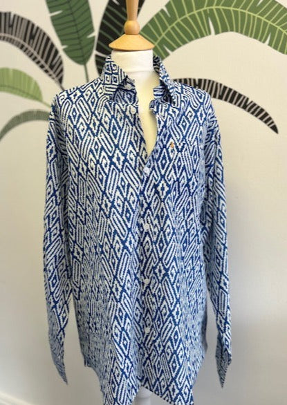 Men's summer shirt, men's printed cotton shirt, blue and white mens summer shirt, blue and white beach shirt, mens holiday shirt in blue and white cotton