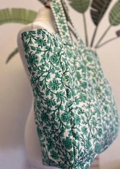 Beach Bag, XL green and white block print tote bag. Large cotton beach bag