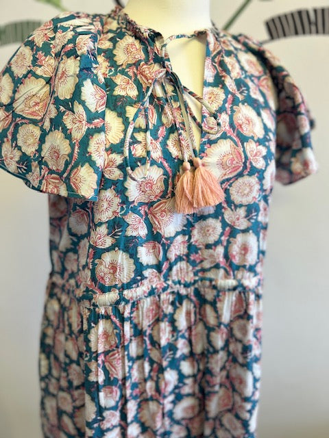 summer midi dress, boho printed maxi dress, pink and white cotton print,  ‘Olivia'.