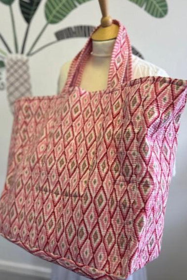 Beach Bag, XL cotton, block print and contrast lining with pocket. large beach bag, large tote bag