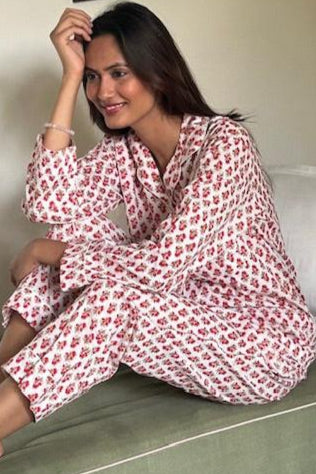 Pyjamas, cotton nightwear, red and white ladies long sleeved Pyjamas, handmade cotton pyjamas