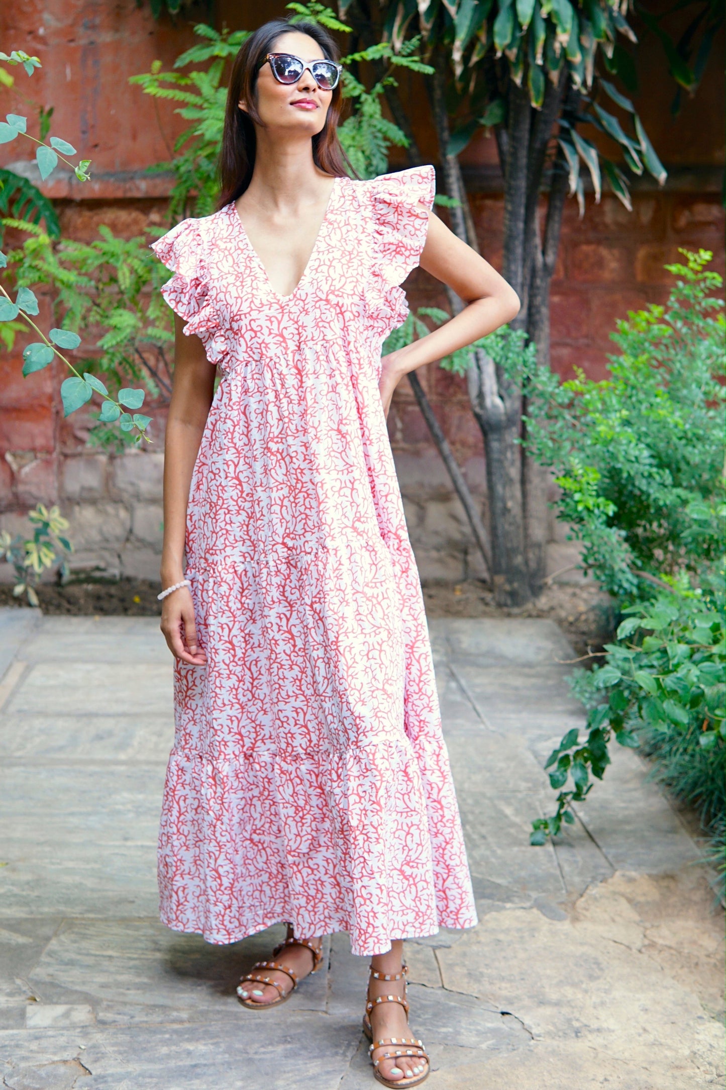 Floral summer maxi dress, cotton beach dress, cap sleeve cotton summer dress with pockets, Coralie