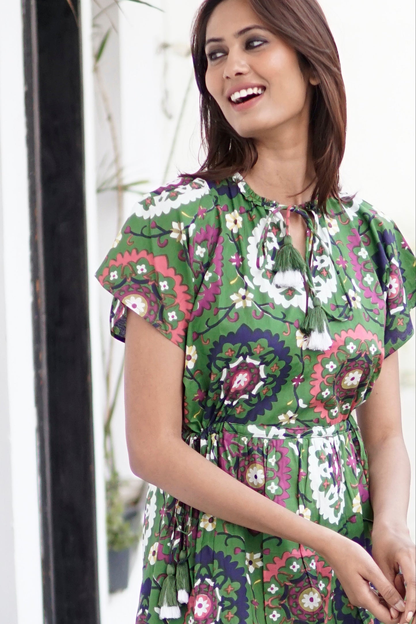 Summer maxi dress, green and white block print boho summer dress. Floaty summer dress with pockets. Boho holiday dress. Long summer dress with pockets. 