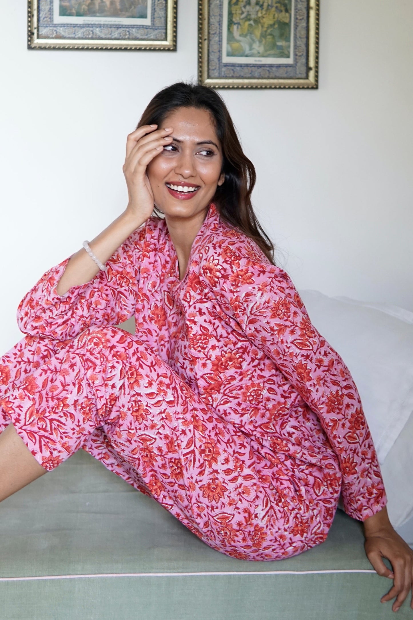 pink cotton pyjamas. handblock printed cotton pyjamas for women. stylish handmade cotton pyjamas with pockets.