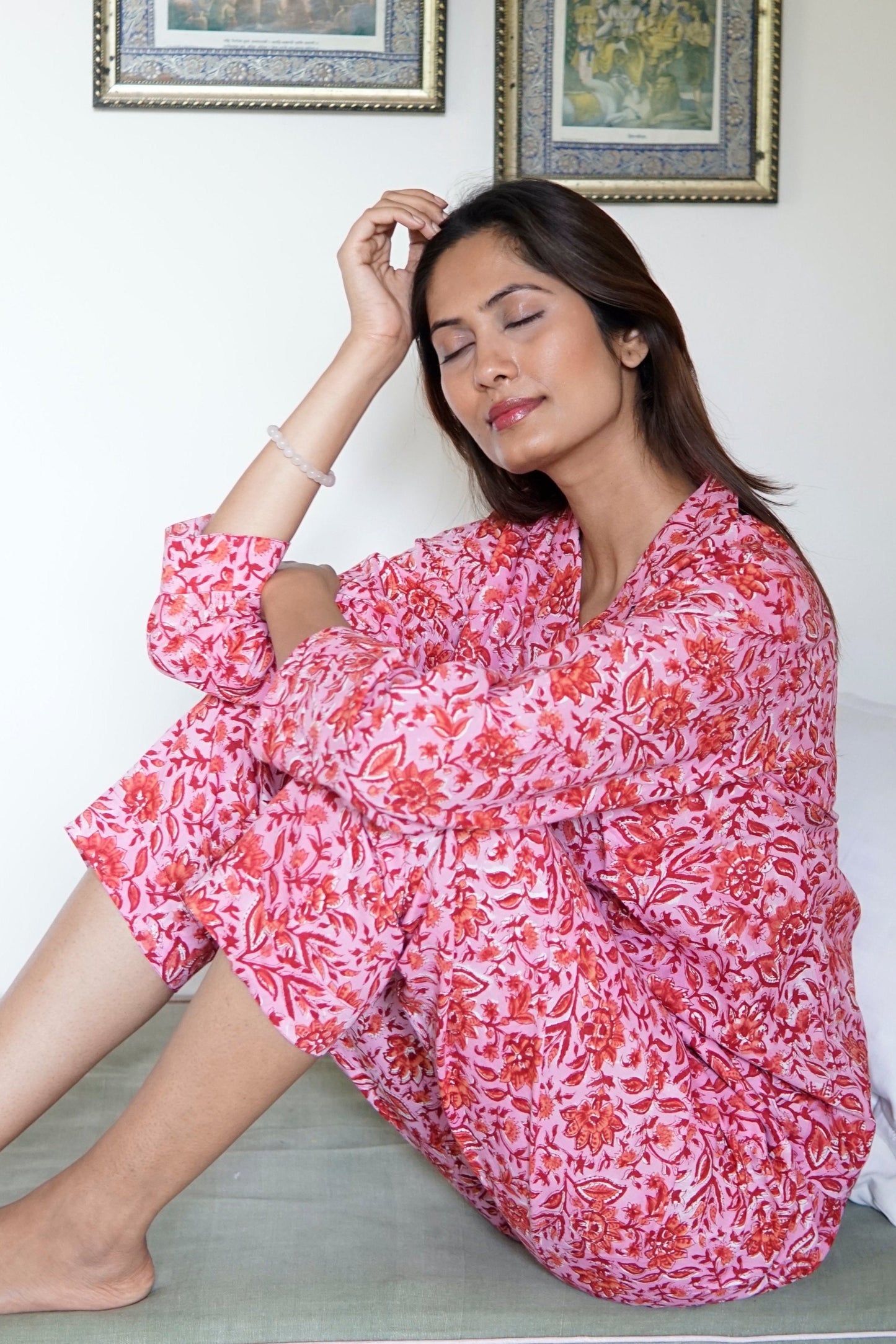 pink cotton pyjamas. handblock printed cotton pyjamas for women. stylish handmade cotton pyjamas with pockets.