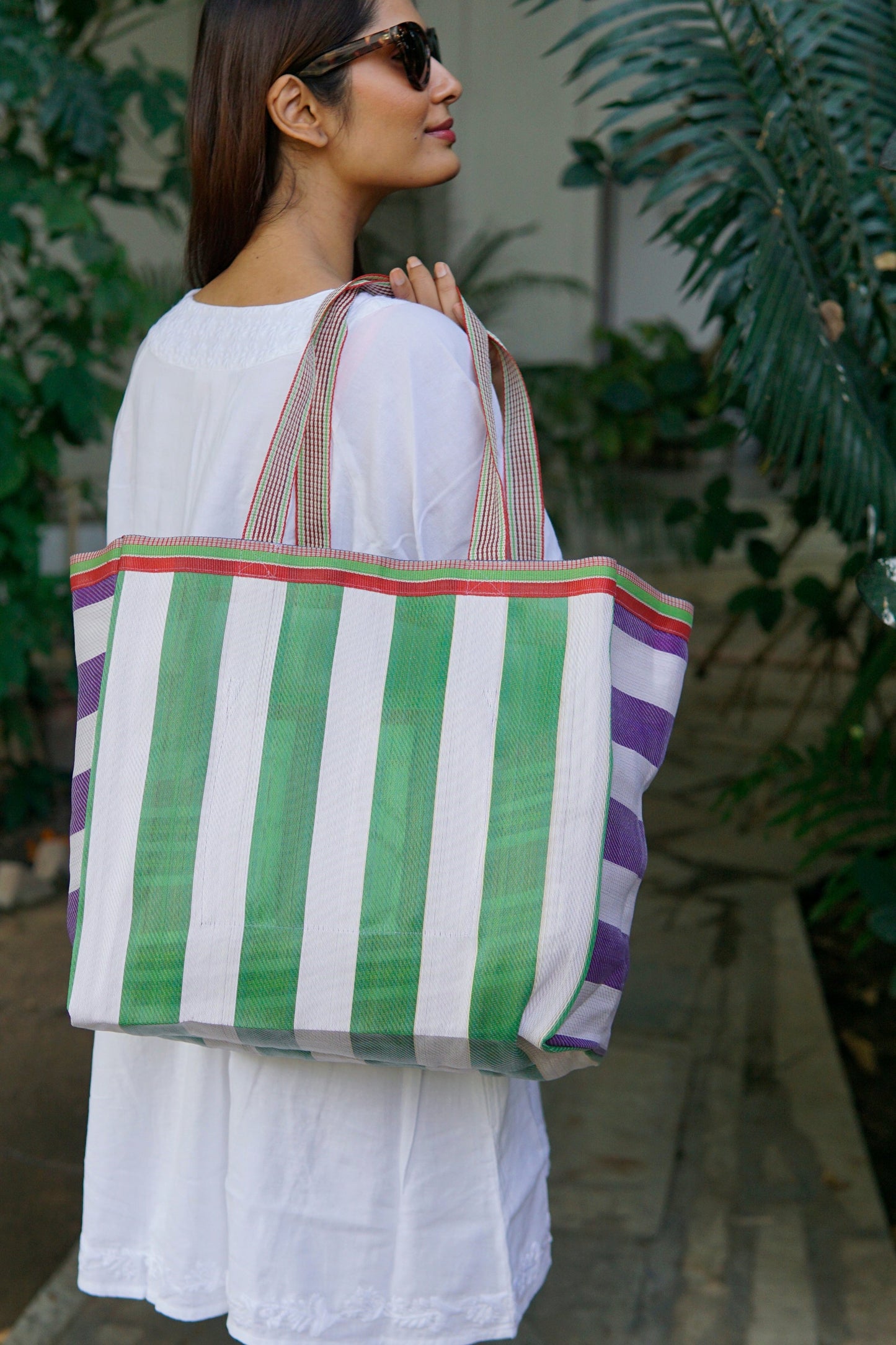 beach bag, ethical tote bag, ethical shopper, boho beach bag. recycled plastic tote bag, green and purple and white striped tote bag, ethical shopper, beach bag.