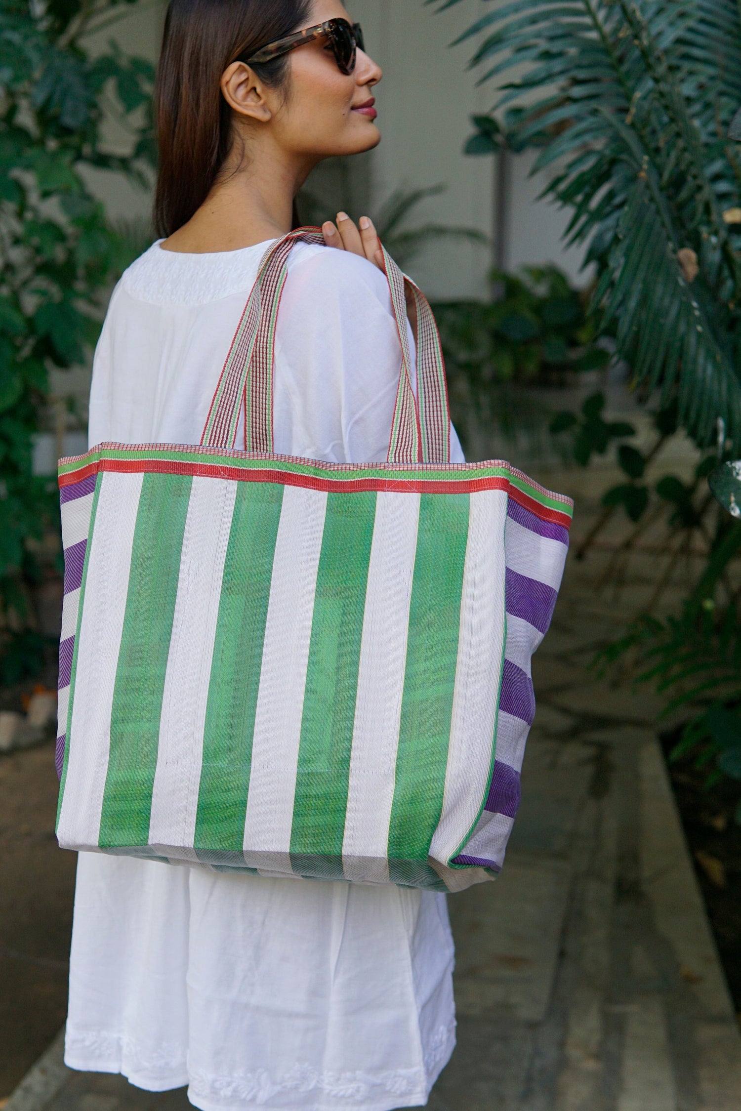 Beach bag, colourful  striped, weekender, tote, shopper Medium size, made from recycled nylon.