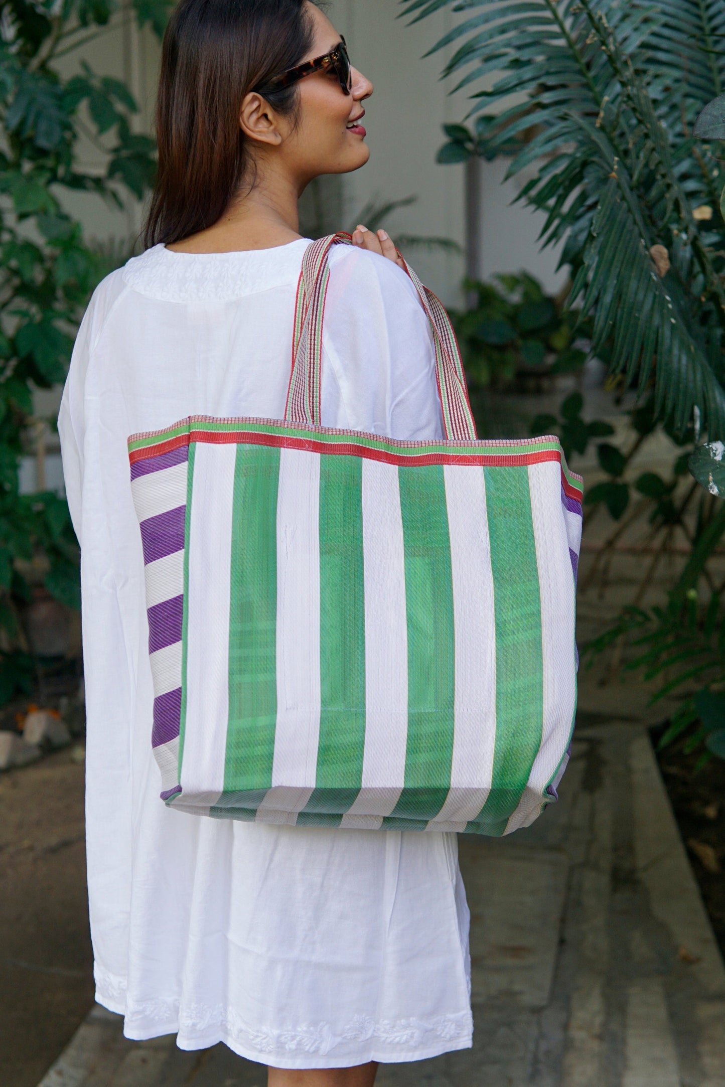 recycled plastic tote bag, green and purple and white striped tote bag, ethical shopper, beach bag.