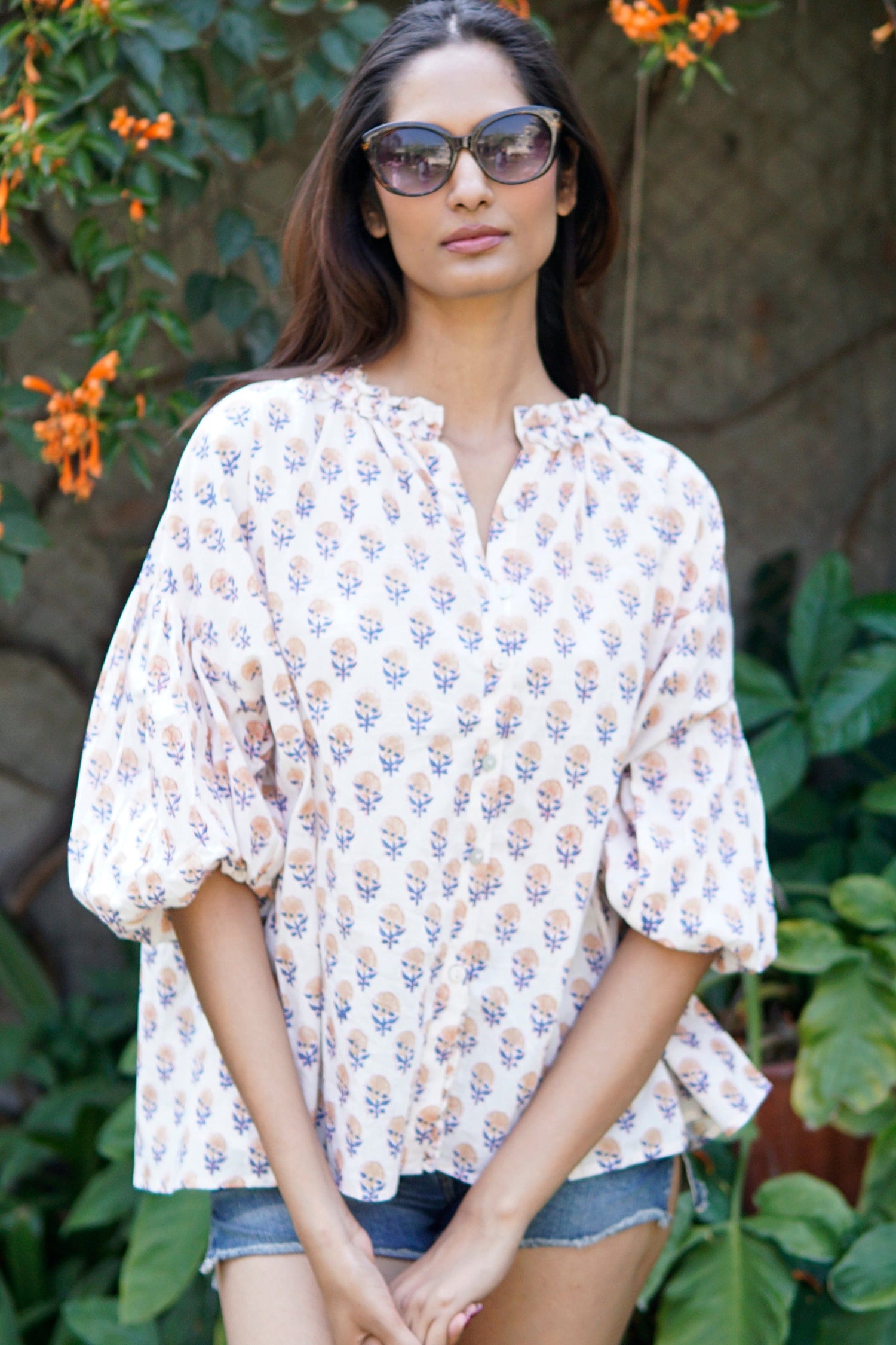 French style, boho, puff sleeved cotton summer blouse