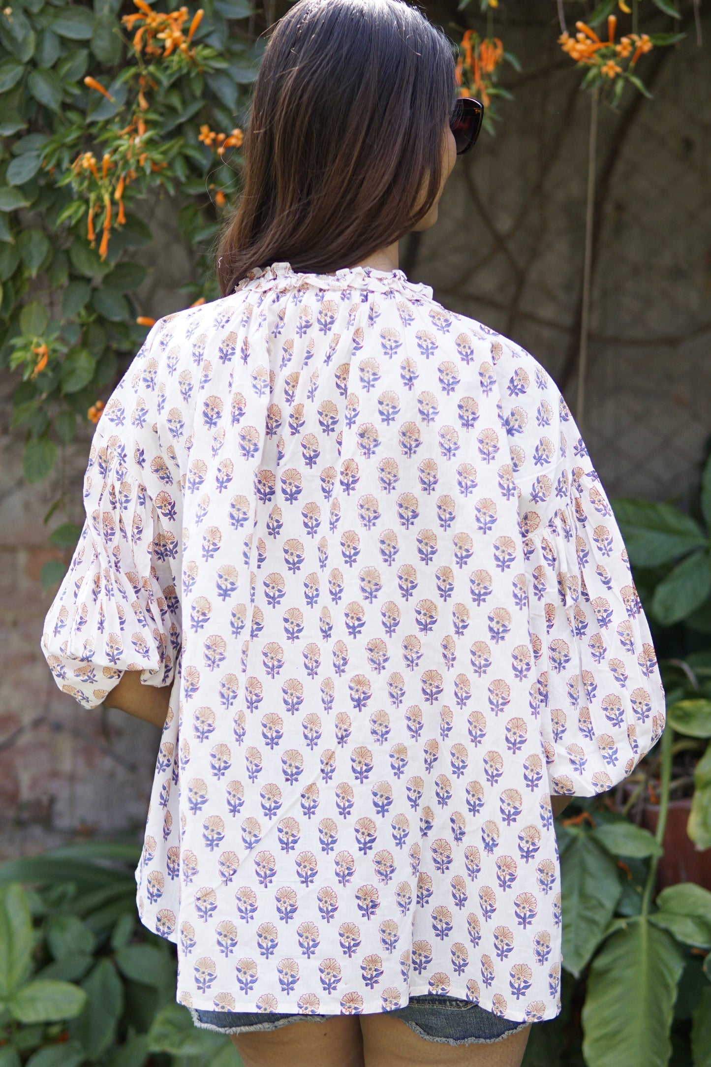 French style blouse for women, one size fits all, puff sleeved blouse in cream blue and mustard colour, Sezane style blouse.