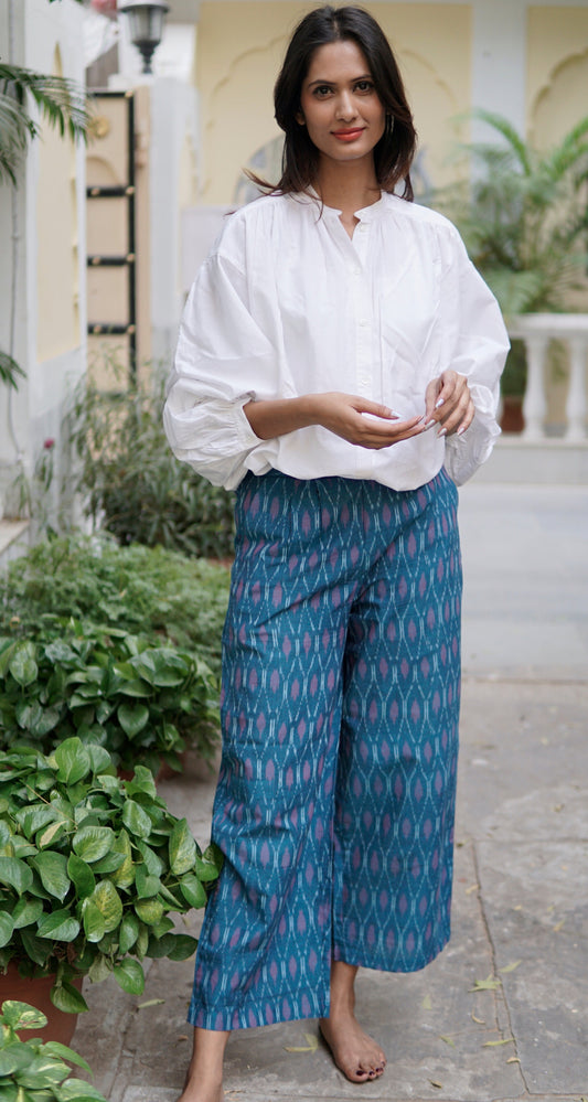 Pants, summer pants with pockets, green and purple handloomed ikat cotton trousers with pockets