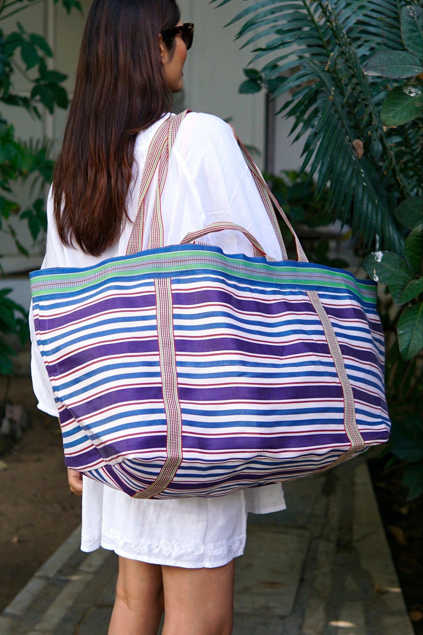 beach bag, lightweight and strong beach bags. striped nylon beach bag, weekend bag, sports bag, stylish striped nylon beach bag