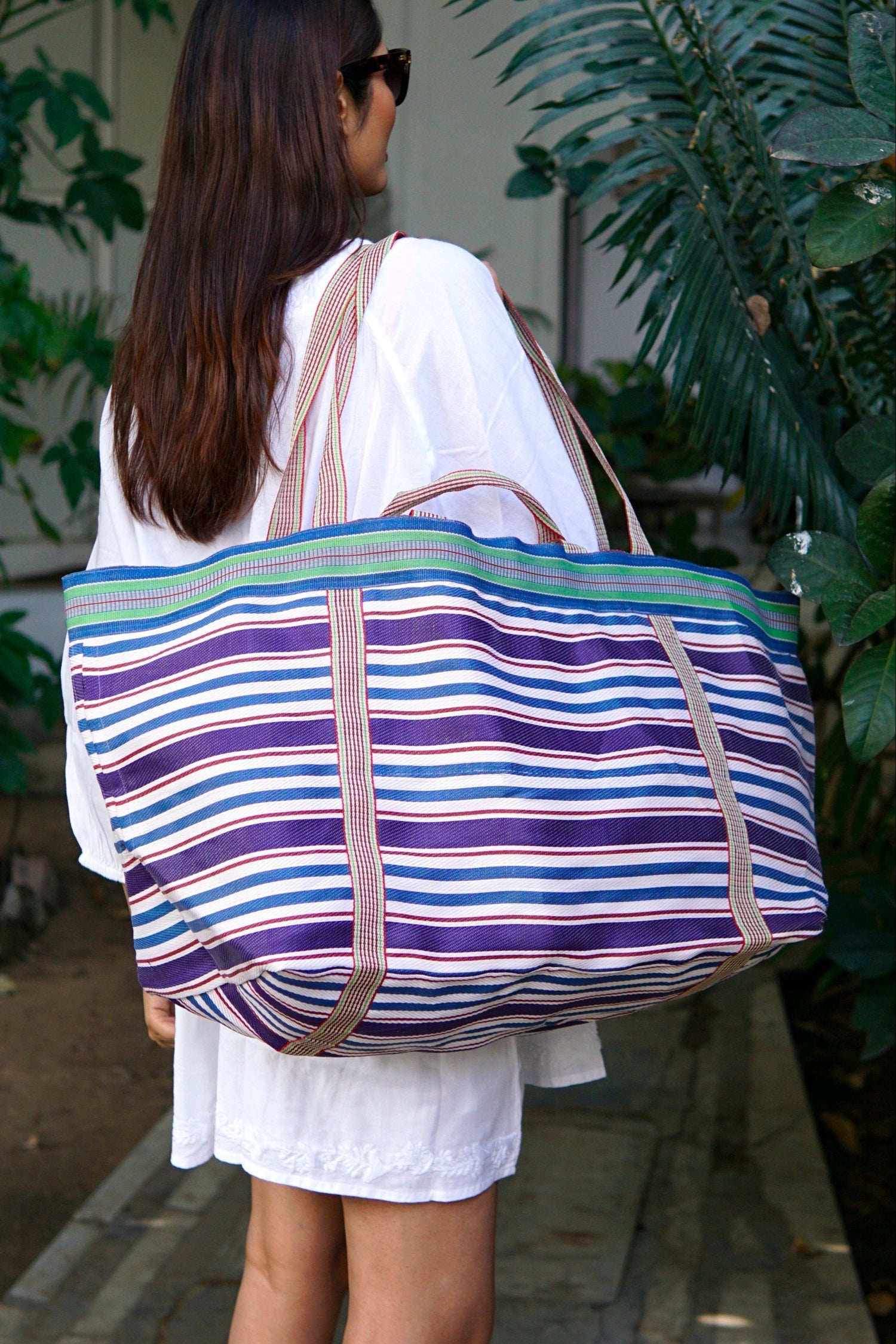 Beach bag, XL size, colourful striped weekender bag, tote, shopper, recycled.